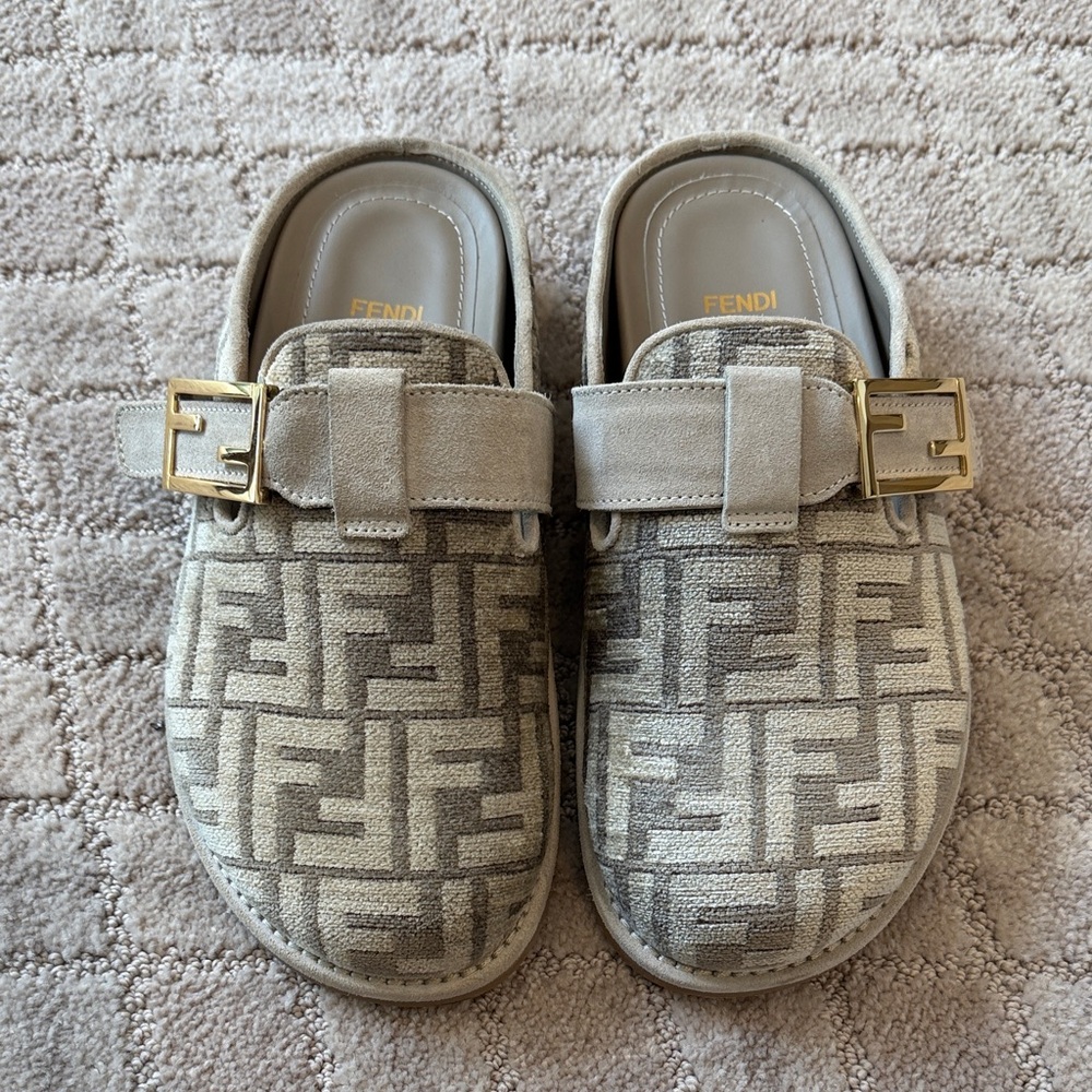 Fendi FF Logo Slip-On Mules in Beige and Taupe with Gold Buckle